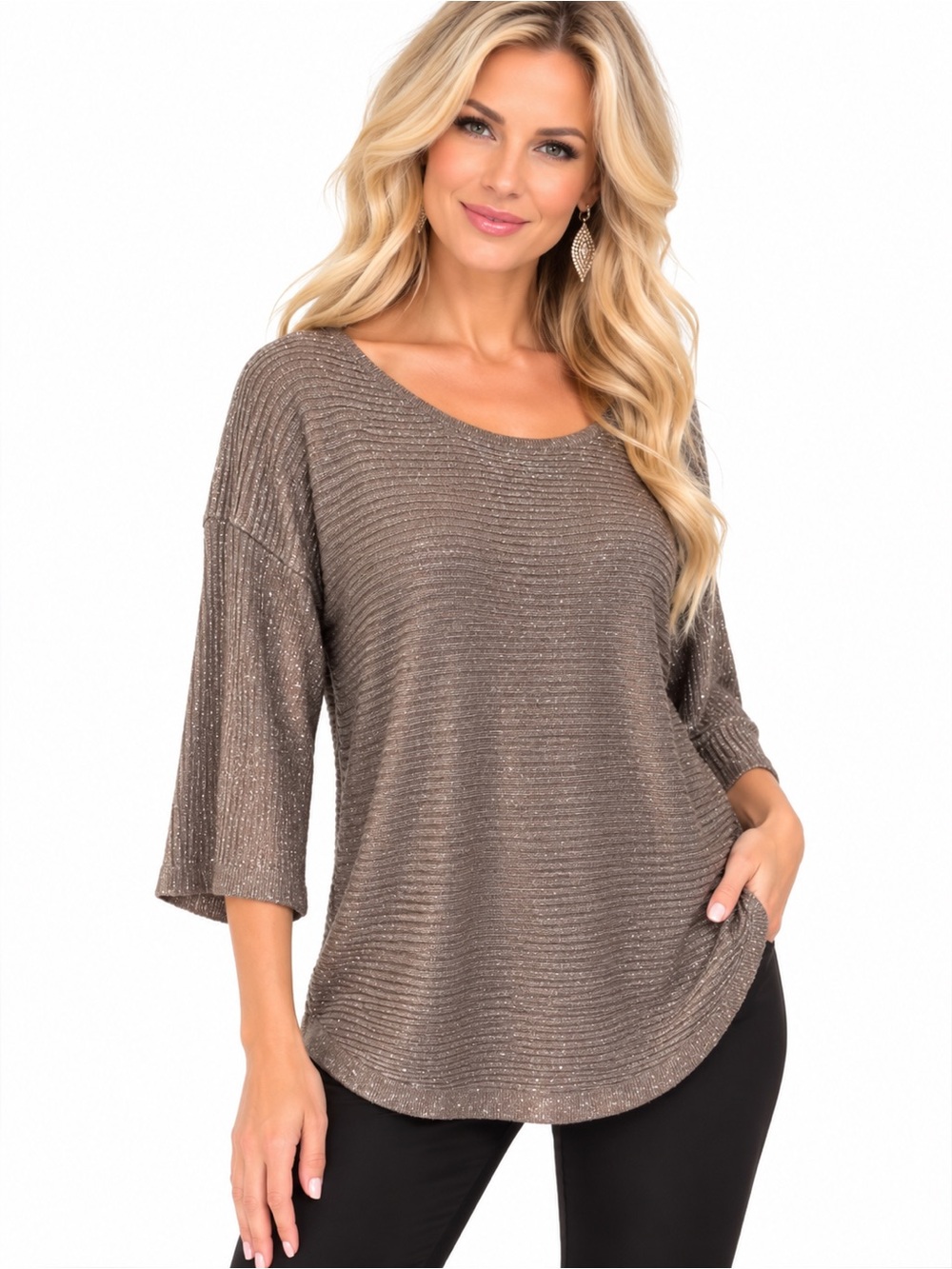 Chico’s Size 2 L 12 Metallic Shimmer Ribbed Knit 3/4 Sleeve Top